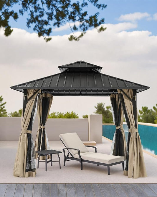12' x 12' Hardtop Gazebo, Aluminum Frame Patio Hardtop Gazebos with Netting and Curtain, Outdoor Patio Pergola, Outdoor Patio Gazebo with Double Metal Roofs for Lawns, Garden, Deck, Sandstone