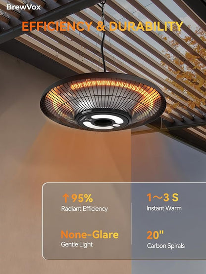 Carbon Infrared Outdoor Patio Hanging Heater with LED Night Light, Smart App-Controlled Remote On/Off, 24H Timer for Living Room, Bedroom, Garage