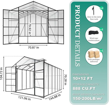 10*12*8.7FT Greenhouse for Outdoors,Polycarbonate Greenhouse with Stronger Wind Protection and Roof Vent,Walk-in Large Aluminum Sunroom Winter Proof,Black