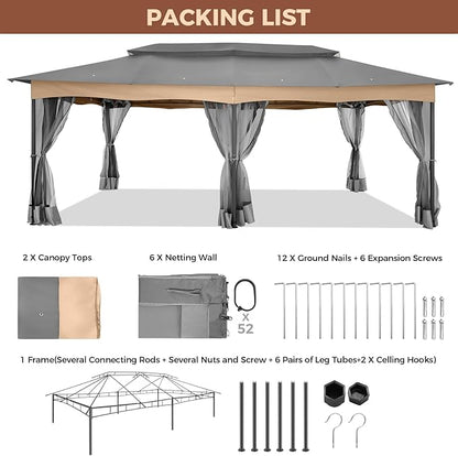 COBIZI Gazebo 12x20 Heavy Duty Gazebos with Improved Nettings Outdoor Gazebo Canopy Double Roof Patio Gazebos with Metal Steel Frame for Patio, Deck, Backyard (Gray)