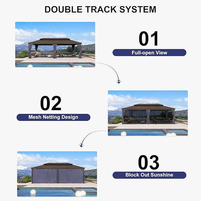 PURPLE LEAF 12' X 24' Outdoor Hardtop Gazebo Patio Wide Aluminum Frame Metal Double Roof with Heavy Duty Netting and Curtains for Permanent Hard Top Pavilion Screen, Navy Blue