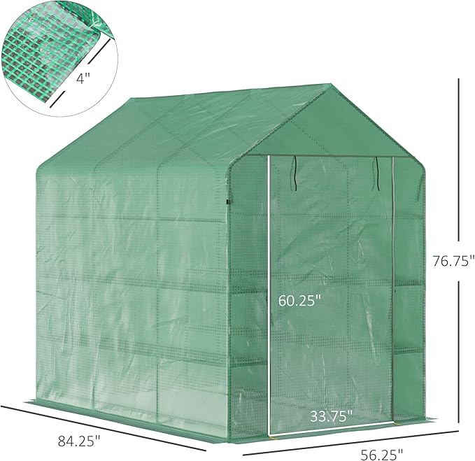 Outsunny 7' x 5' x 6' Walk-in Greenhouse for Outdoors with Mesh Door, 18 Shelf Hot House with Trellis, Plant Labels, UV Protective for Growing Flowers, Herbs, Vegetables, Saplings, Green
