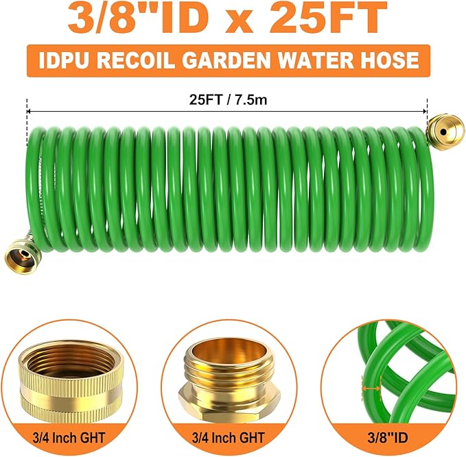 GASHER 25FT PU Recoil Garden Water Hose with 3/4"Inch Brass Fittings Retractable, Swivel Female for Boating, Pool & Spa, RV, Home and Garden（Green)