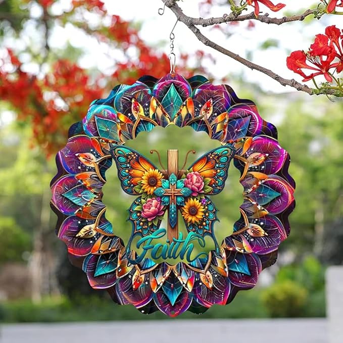 Cross Wind Spinner, Metal Wind Spinners Outdoor/Indoor, Cross Butterfly Hanging Garden Decor for Outside, Stainless Wind Spinners for Yard and Garden 10 inch 3D (25X24.95 CM)