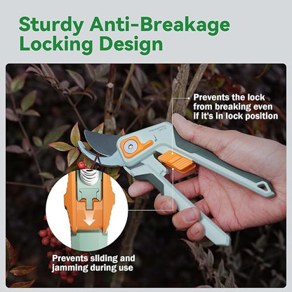 PrunePro 8" Professional Pruning Shears for Gardening Bypass Hand Pruner Stainless Steel Sharp Garden Scissors Plant Flower Rose Garden Clipper Green & Orange