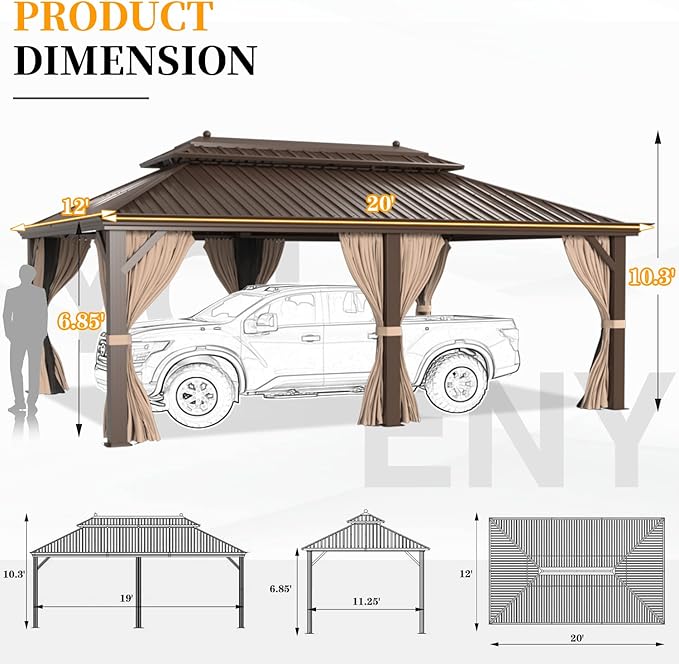 YOLENY 12'X20' Hardtop Gazebo, Galvanized Steel Ventilation Double Roof with Aluminum Frame，Outdoor Gazebos Pavillion with Netting and Curtains for Garden, Patio, Lawns, Parties