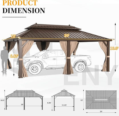 YOLENY 12'X20' Hardtop Gazebo, Galvanized Steel Ventilation Double Roof with Aluminum Frame，Outdoor Gazebos Pavillion with Netting and Curtains for Garden, Patio, Lawns, Parties