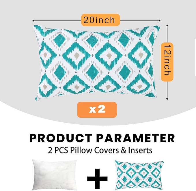 idee-home Outdoor Pillows with Inserts Included, Patio Outside Lumbar Pillows Waterproof Set of 2, 12 x 20 inch