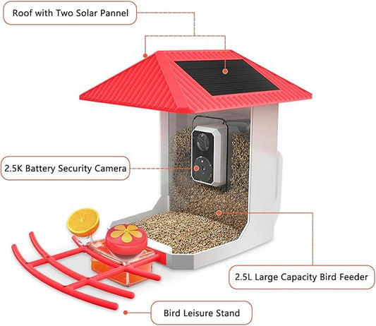 2.5K Smart Bird Feeder with Camera, 5GHz &2.4GHz Birds Watching Camera with AI Identify Bird Species, Outdoor Birds Feeder House with Solar Panel for BirdLovers (Red)