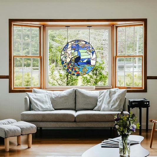 Bieye W10094 Peacock in Garden Tiffany Style Stained Glass Window Panel for Home Decor (Blue, 24" Round)