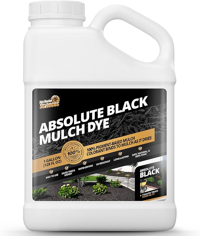 1 Gallon Absolute Black Mulch Dye - Covers up to 10,000 sq. ft., Liquid Mulch Dye Black, Premium Color, Ideal for Landscaping, Renews Faded Rubber or Wood Chips, Binds as it Dries
