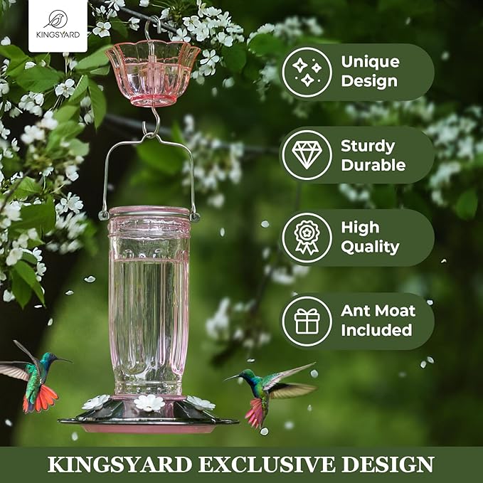 Kingsyard 2 Pack Glass Hummingbird Feeder for Outdoors, 16 Oz Wild Bird Feeder with 6 Feeding Ports Hanging for Garden Yard, Pink (Ant Moat Included)