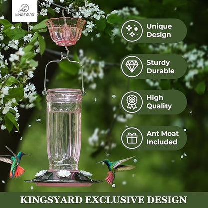 Kingsyard Glass Hummingbird Feeder for Outdoors Wild Bird Feeder with 6 Feeding Ports Hanging for Garden Yard, Pink (Ant Moat Included)