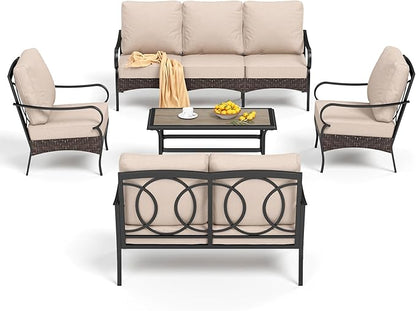 PHI VILLA Outdoor Modern Patio Furniture Set, Upgraded Wicker&Metal Patio Furniture Conversation Set with Waterproof Thick Cushions for Porch, Poolside, Deck, and Yard (5 Pieces,Beige)