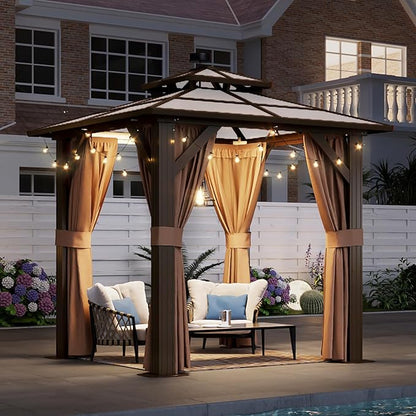 Aoxun 8'x 8' Hardtop Gazebo, Outdoor Polycarbonate Double Top Canopy, Aluminum Frame Gazebo with Netting and Curtains, Sunshade for Gardens, Patios, Lawns, Brown