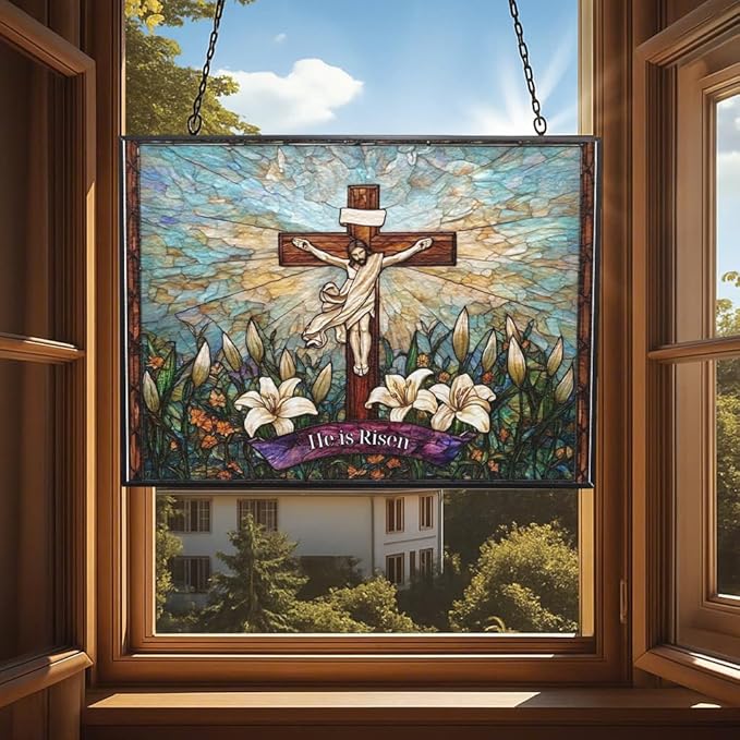 Personalized Rectangle He is Risen Suncatchers for Windows, Stained Glass Window Hangings,Hand-Painted Glass Panel Perfect for Home Décor