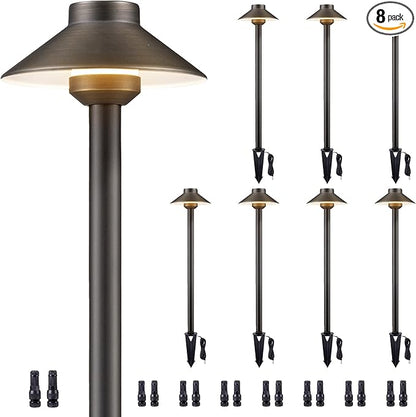 Gardenreet Brass Low Voltage Path Lights - 12V Landscaping Pathway Lamp IP65 Waterproof, Wired Walkway Lighting Outdoor, LED Mushroom-top Bronze for Lawn Backyard Garden G4 Bulb Not Included (8 Pack)