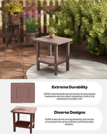 Kingdura Adirondack Outdoor Side Table, 16 x 13 Inches HDPE Plastic Outside End Tables for Patio Pool Porch Backyard Indoor, 2 Tiers Storage Shelf, All Weather Resistant, Easy Maintenance (Brown)
