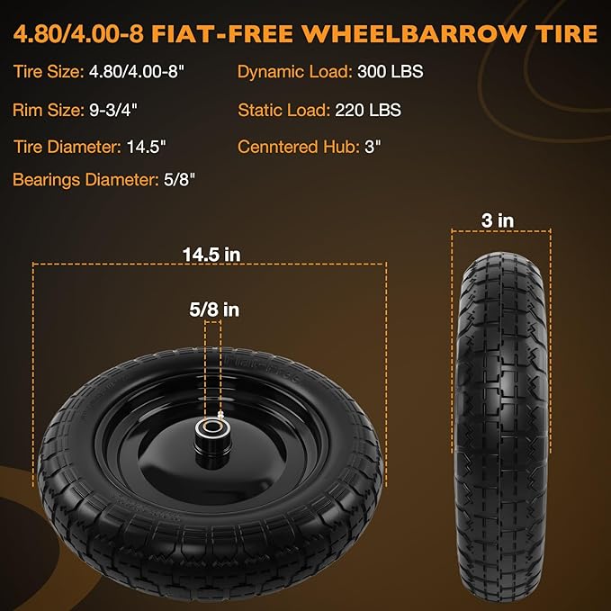 HQPASFY 2 Pack 14.5" Flat Free Tire 4.80/4.00-8 Wheelbarrow Tire and Wheel, 3" Centered Hub, 5/8" & 3/4" Bearings Replacement for Wheelbarrows, Garden Carts, Dump Carts, Lawn Equipment