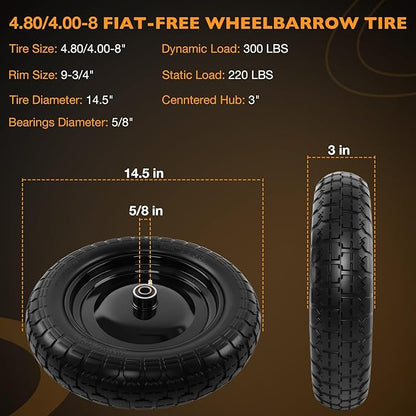 HQPASFY 14.5" Flat Free Tire 4.80/4.00-8 Wheelbarrow Tire and Wheel, 3" Centered Hub, 5/8" & 3/4" Bearings Replacement for Wheelbarrows, Garden Carts, Dump Carts, Lawn Equipment