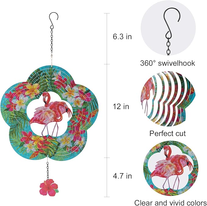Flamingo Hanging Wind Spinners - Flamingo Gifts for Mom Women Grandma, Metal 12-Inch 3D Laser Cut Art Outdoor Kinetic Wind Spinner Clearance for Yard Patio Garden/Indoor Decor