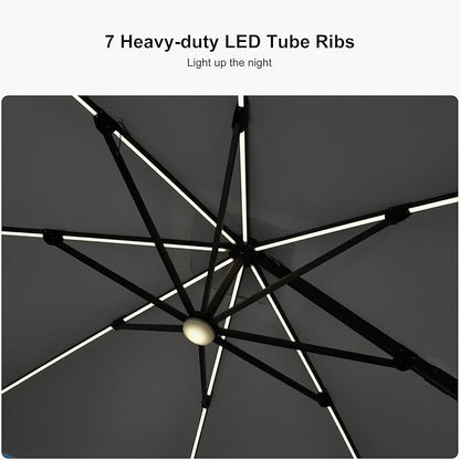 PURPLE LEAF 10 Feet Patio Umbrella with Base Outdoor Cantilever Solar Powered LED Square Umbrella Aluminum Offset Umbrella with 360-degree Rotation for Garden Deck Pool Patio Light Grey