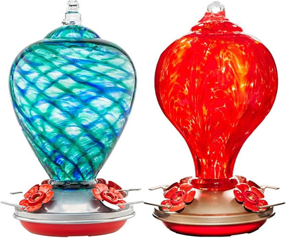 2 Packs Hummingbird Feeder for Outdoors Hanging Ant and Bee Proof, 34OZ 32OZ Hand Blown Glass Hummingbird Feeders for Outside (Blue & Flame)