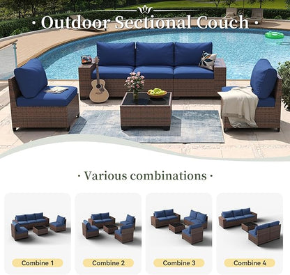 Aoxun 6 Piece Patio Furniture Set with Wide Armrests Wicker Rattan Outdoor Sectional Sofa Set with Coffee Table and Thickened Cushions, Brown/Blue(Waterproof Cover Included)