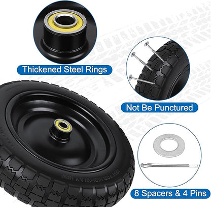 13 Inch Flat Free Wheels Tires 4.00-6 Solid Replacement with Universal 5/8" Axle Bore Hole, 8 Spacers and 4 Pins, for Wheelbarrow, Garden Wagon, Hand Truck, Trolley, Lawn Mower, 2 Pack
