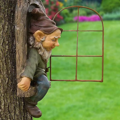 12 Inch Garden Gnome Statue Elf Outdoor Tree Sculpture, Elf Out The Door Tree Hugger, Funny Garden Yard Art Wall Fence Sculptures
