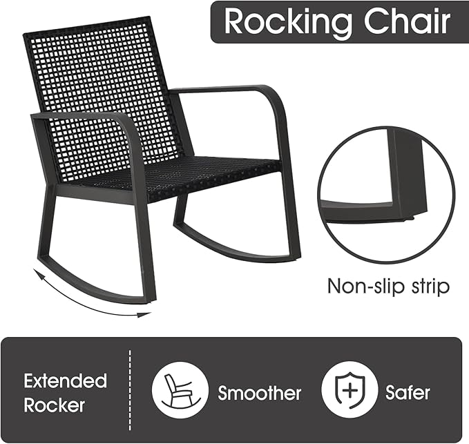 Bistro 3 Piece Patio Furniture Set, Patio Table and Rattan Outdoor Rocking Chairs Set of 2, Outdoor Bistro Conversation Set for Garden, Balcony, Poolside, Backyard, Khaki