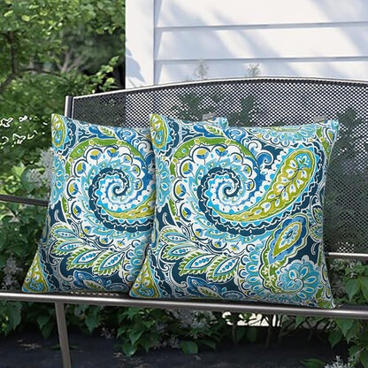 Magpie Fabrcis Pack of 2 Outdoor Waterproof Throw Pillow with Insert 18 x 18 Inch, Christmas Decorative Back Cushion Pad for Garden Patio Tent Balcony Couch Sofa(Paisley Lapis Green)