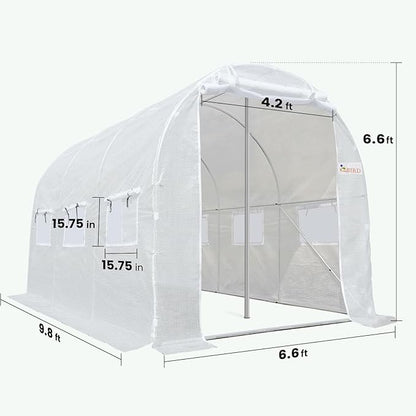 KING BIRD Premium 15x6.6x6.6FT Greenhouse for Outdoors, Large Walk-in Upgraded Galvanized Metal Frame, Mesh Door Screen Window Improved Zipper Tunnel Hoop for Garden Plant Winter, 2 Stiffeners, White