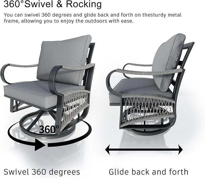 11 Pieces Patio Conversation Sets, All Weather Metal Outdoor Furniture Set, 2 Three-Seater, 4 Swivel Rockers, 2 Single Chairs, 2 Side Tables, 1 Fire Pit Table for Backyard Deck Porch Poolside, Gray