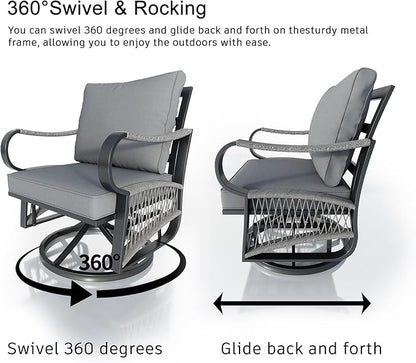 11 Pieces Patio Conversation Sets, All Weather Metal Outdoor Furniture Set, 2 Three-Seater, 4 Swivel Rockers, 2 Single Chairs, 2 Side Tables, 1 Fire Pit Table for Backyard Deck Porch Poolside, Gray