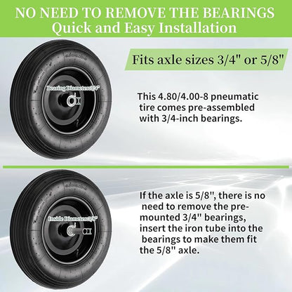 RRQ (2 Pack) 4.80/4.00-8 Tire and Wheel, 16" Pneumatic Wheelbarrow Tires with 3" Centered Hub and 3/4" Bearings (Comes with 5/8" ID Iron Tube Adapter), for Wheelbarrow, Garden Cart, Trailer and More
