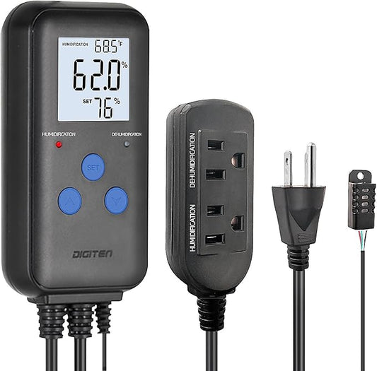 DIGITEN Humidity Controller Pre-Wired Digital Humidistat with Temperature Display, Dual-Stage Outlet Humidifier /Dehumidifier for Mushroom,Reptile, Greenhouse, Fan, Grow Tent