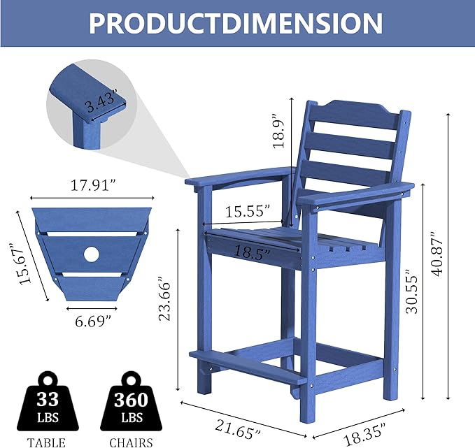 OTSUN Tall Adirondack Chairs Set of 6 with Connecting Tray, 24 inches HDPE Bar Height Outdoor Chairs, All Weather Resistant for Balcony, Porch, Kitchen (6 PCS, Navy Blue)