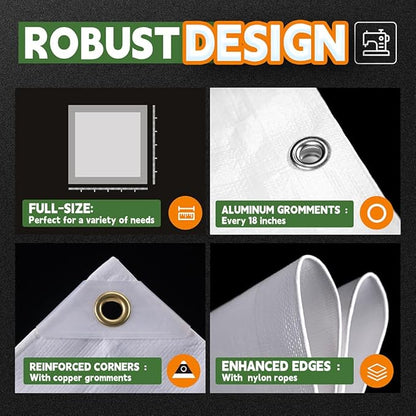 12 Mil Heavy Duty White Tarps 7' X 12', Extra Thick,Durable,Waterproof, UV Resistant, Weatherproof Poly Tarp,with Metal Grommets and Reinforced Edge (Finished Size)-by Raindeway