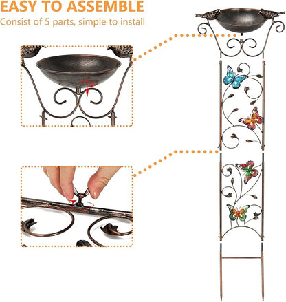 SUNNYPARK Bird Bath with Trellis Outdoor, Antique Garden Iron Trellis with Decorative Butterflies Detachable Bird Bowl Metal Potted Plants Support for Climbing Flowers