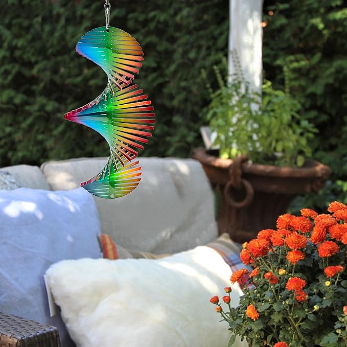Rainbow Wave Wind Spinners Outdoor Hanging Decor,7In Stainless Steel Reflective Wind Spinner Yard Art Wind Sculpture,Rainbow Helix Mini Wind Spinners for Yard and Garden Ornaments Gifts