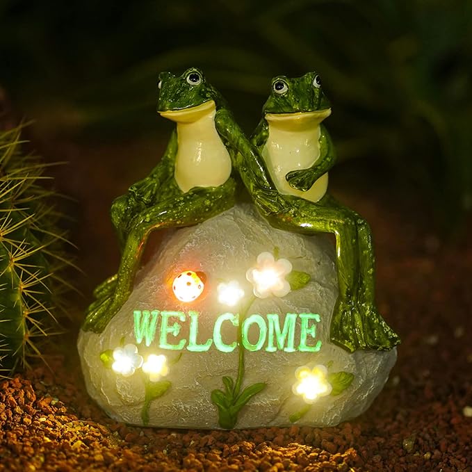 Nacome Garden Outdoor Statues Frog with Succulent and 7 LED Lights - Lawn Decor for Patio, Balcony, Yard Ornament - Unique Housewarming Gifts