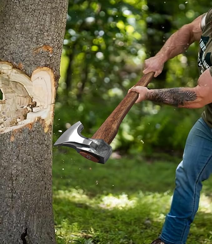 Splitting Axe, 27.5-inch Chopping Axe with Leather Sheath, Camping Hatchet 1065 High Manganese Steel and Hickory Handle