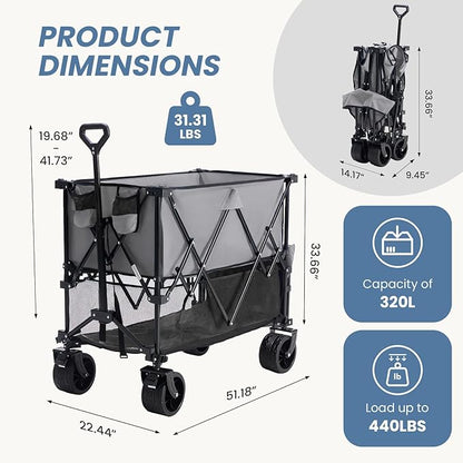 DUMOS Large Capacity Folding Double Decker Wagon with Brakes, 440 lbs Wagons Carts Foldable Wagon Cart with Flexible Handle, All-Terrain Big Wheels for Grocery Sports Garden Camping