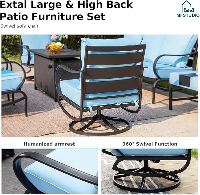MFSTUDIO 6 Pieces Metal Patio Furniture Sets, 2 Swivel Chair, 1 Deep Seating 3-Seat Sofa, 2 Ottoman & 1 Marbling Coffee Table, All Weather 7 Seats Outdoor Conversation Set for Garden Backyard, Blue