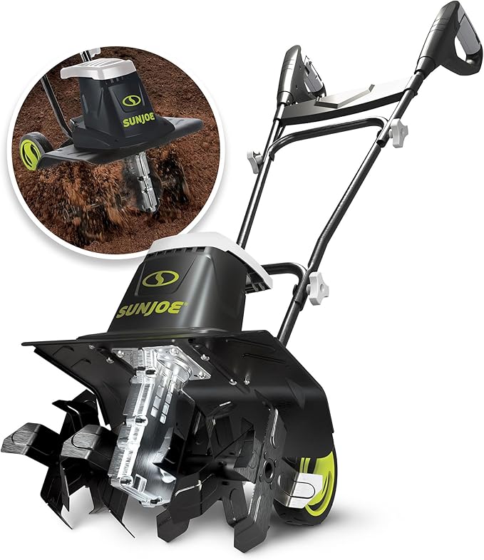 Sun Joe Electric Corded Garden Tiller & Cultivator, Steel Tines, 13.5 Amp, 16 Inch, Black - Heavy Duty Gardening Machine Equipment for Lawn, Yard, & Grass, TJ604E