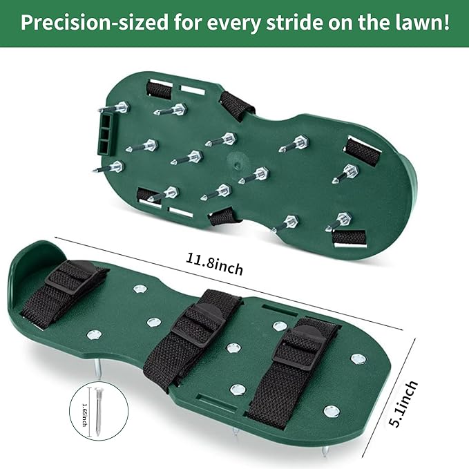 The Lawn Aerator Shoes for Grass, Epoxy Spiked Shoes with 1.65'' Sharp Short Spikes, Garden Grass Loosening Spike Shoes for Epoxy Flooring, 6 - Shoelace Design (Green, 11.8'' x 5.1'')