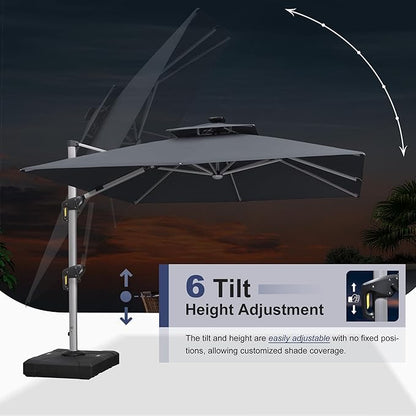 PURPLE LEAF 10 Feet Double Top Deluxe Solar Powered LED Square Patio Umbrella Offset Hanging Umbrella Outdoor Market Umbrella Garden Umbrella, Grey