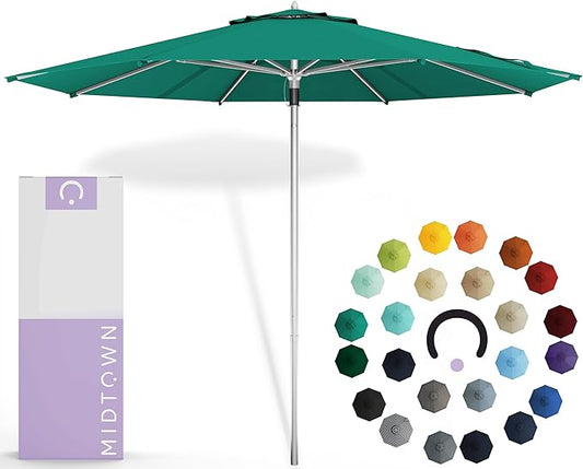 Midtown Umbrellas Push Pop Sunbrella Umbrella 10 Feet Large Outdoor Umbrella With Canvas Teal Acrylic Fabric - Deck Patio Umbrella, Backyard Umbrella, Garden Umbrella & Pool Umbrella - Black Pole