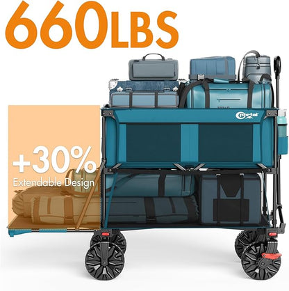 Portal Collapsible Large Double Decker Wagon with Brakes, 660lb Foldable Heavy Duty Utility Wagon Cart, 400L All-Terrain Big Wheels & 54" Extra Long Extender for Sports, Camping & Outdoor Use